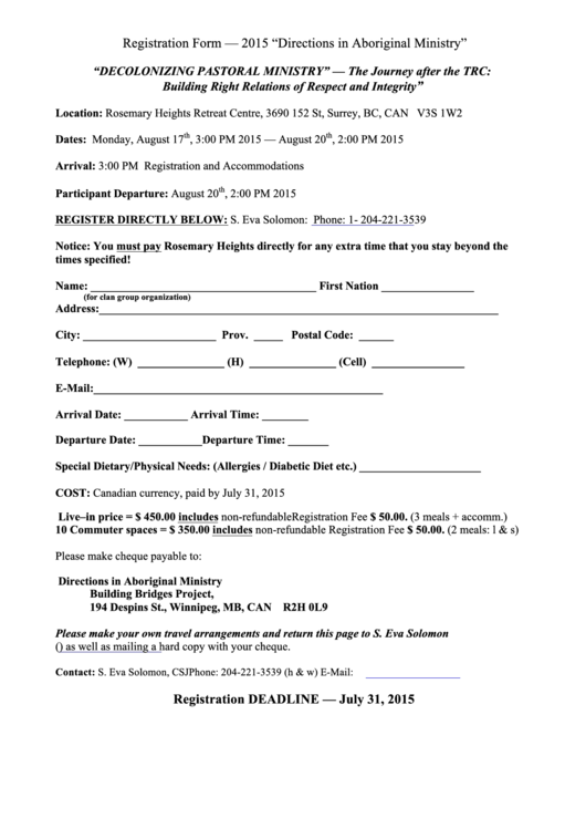 Registration Form 2015 Directions In Aboriginal Ministry Printable pdf