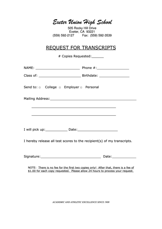 Transcript Request Exeter Public Schools Printable pdf