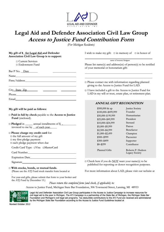 Access To Justice Fund Contribution Form Legal Aid And Defender Printable pdf