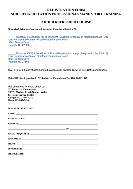 Registration Form Ncic Rehabilitation Professional Mandatory Training Printable pdf