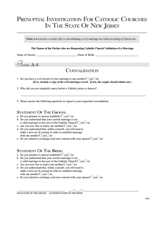Catholic Church Prenuptial Investigation Convalidation Form Printable pdf
