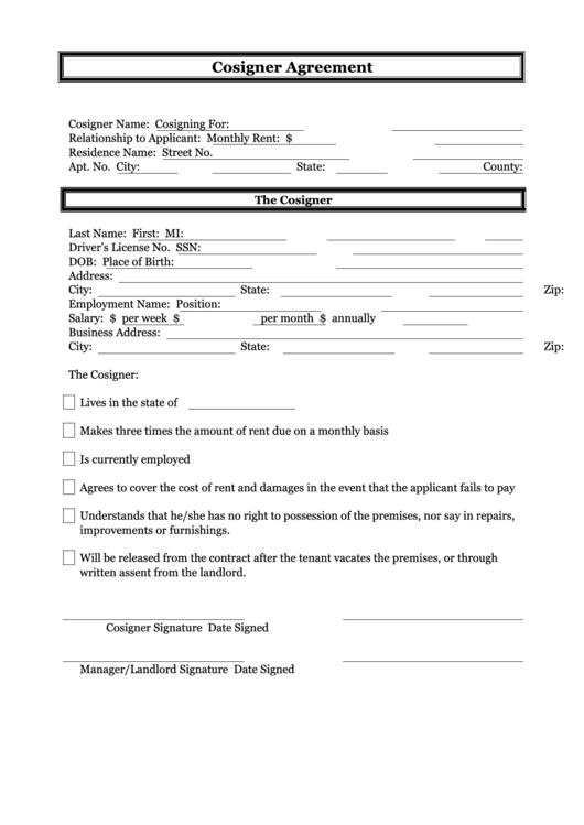 Cosigner Agreement Printable pdf