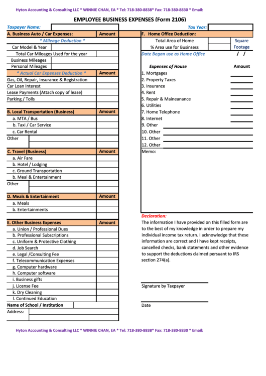 Fillable Employee Business Expenses (Form 2106) Printable pdf