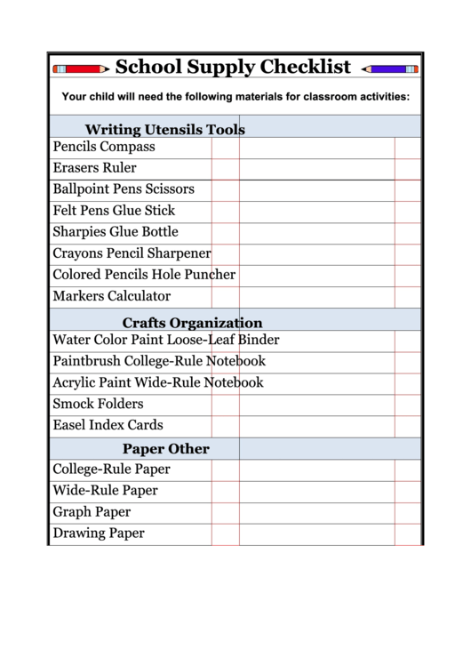 School Supply Checklist Template Printable pdf
