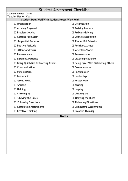 Student Assessment Checklist printable pdf download