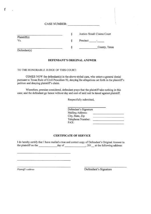 Defendants Original Answer Printable pdf