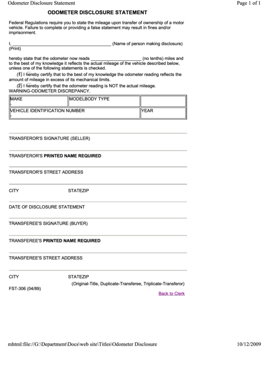 Odometer Disclosure Statement Template Printable pdf