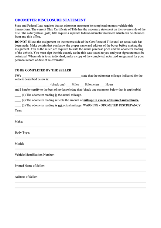 Odometer Disclosure Statement Template Printable pdf