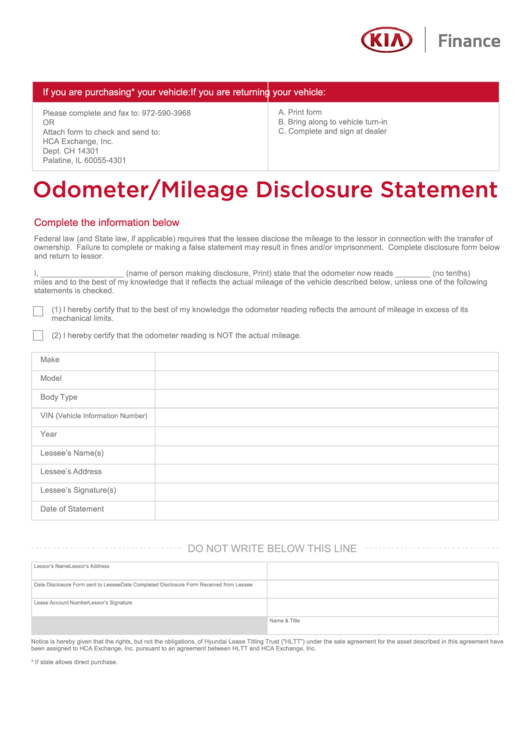 Odometer Mileage Disclosure Statement Template Printable pdf