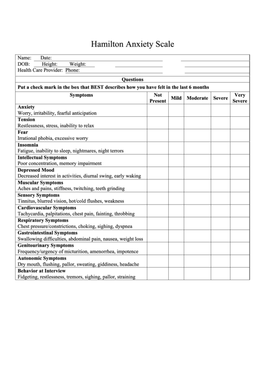 Hamilton Anxiety Scale Printable pdf