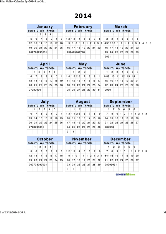 2014 Yearly Calendar Template - Blue, Portrait Printable pdf
