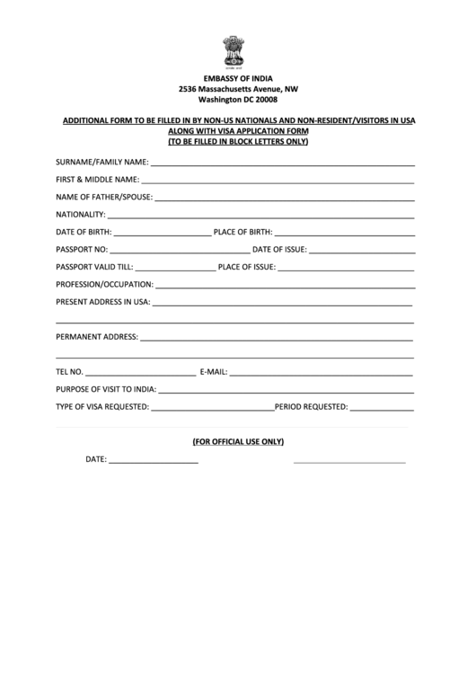 Fillable Non Us Citizen Additional Visa Form Printable pdf