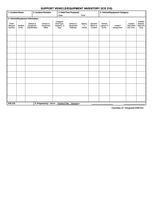 Fillable Form Ics 218 - Support Vehicle Equipment Inventory Form Printable pdf