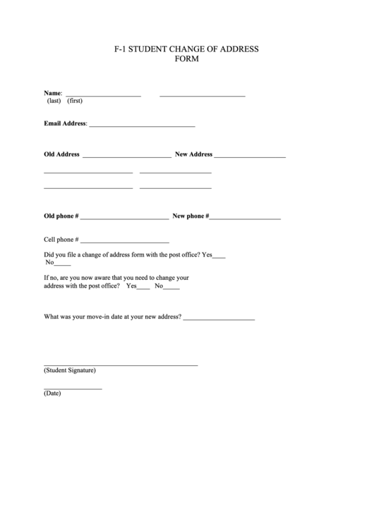 F-1 Student Change Of Address Form Printable pdf