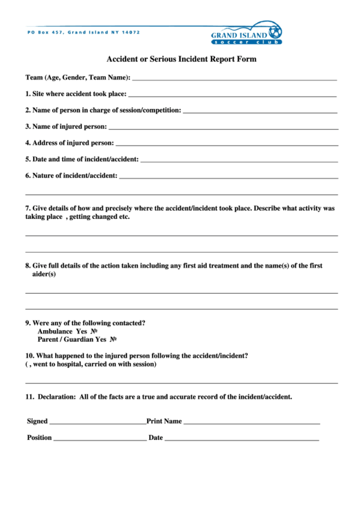 Accident Or Serious Incident Report Form Printable pdf