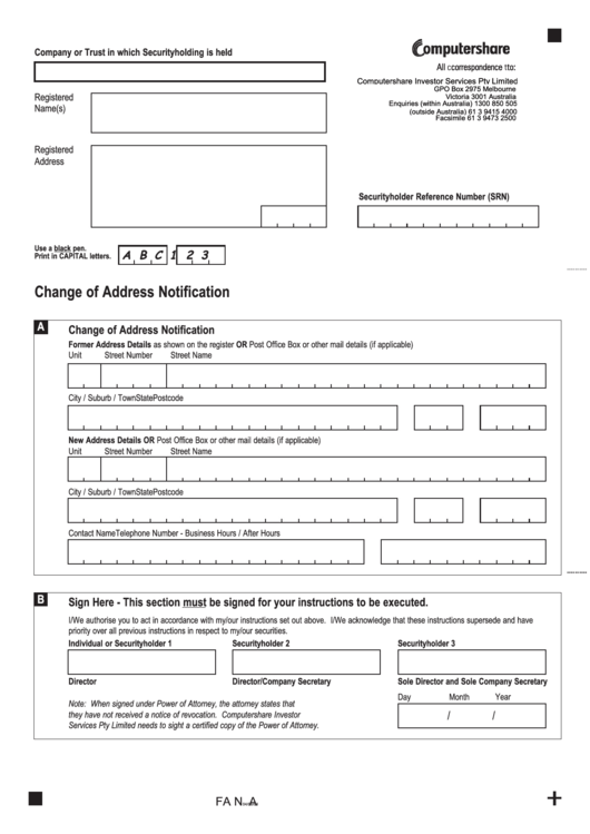 Fillable Change Of Address Notification Form Printable pdf