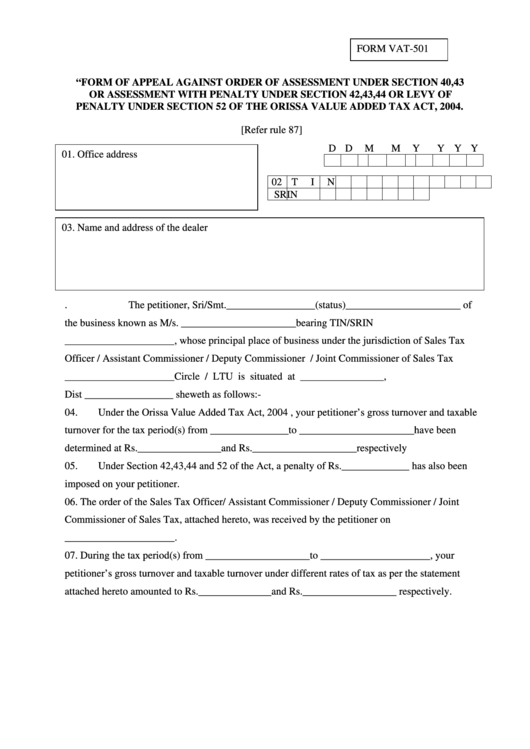 Form Of Appeal Against Order Of Assessment Printable pdf