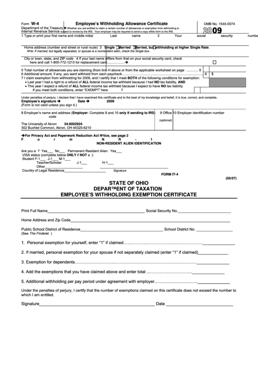 Form W-4 - Employee's Withholding Allowance Certificate - 2009, Ohio Form It-4 - Employee's Withholding Exemption Certificate