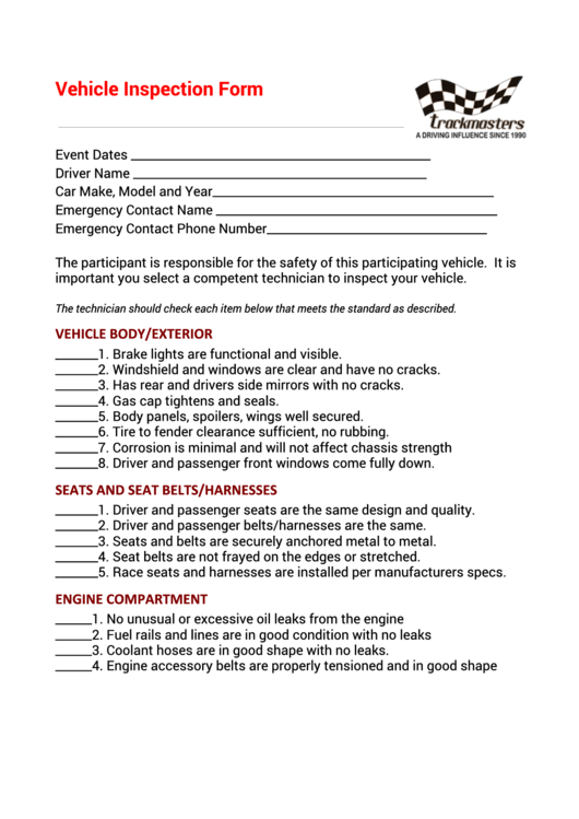 Vehicle Inspection Form - Trackmasters Printable pdf