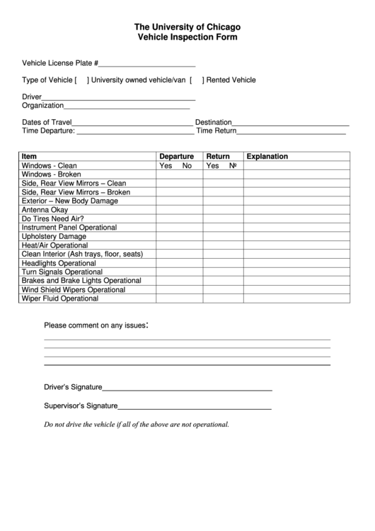 The University Of Chicago Vehicle Inspection Form Printable pdf