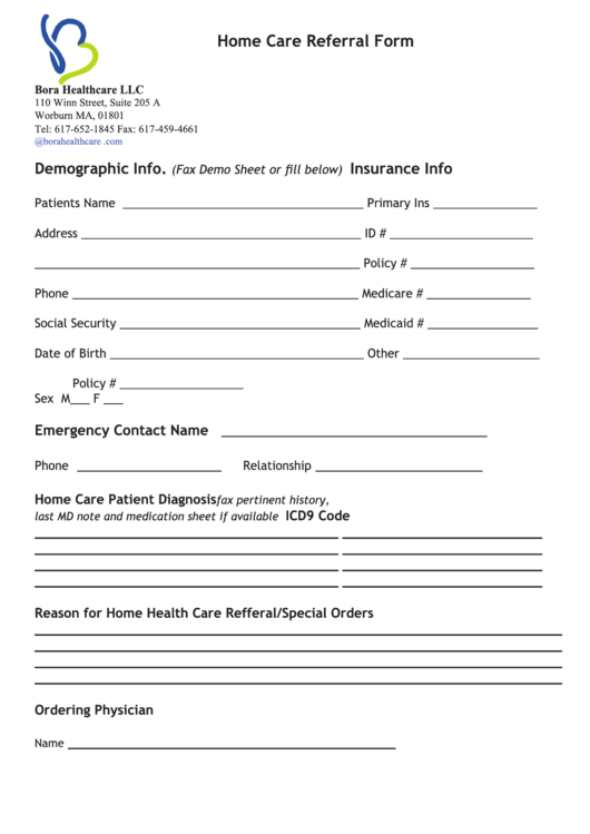 Home Care Referral Form - Bora Healthcare Printable pdf