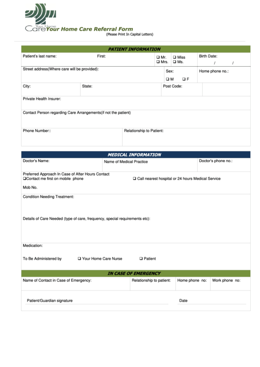 Your Home Care Referral Form Printable pdf