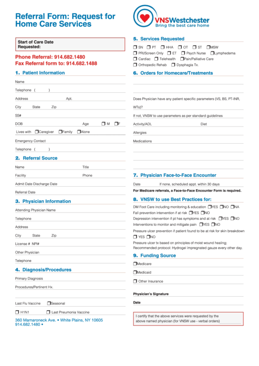 Referral Form Request For Home Care Services Printable pdf