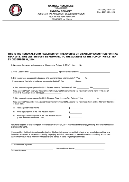 2015 Over 65 Disability Renewal Form