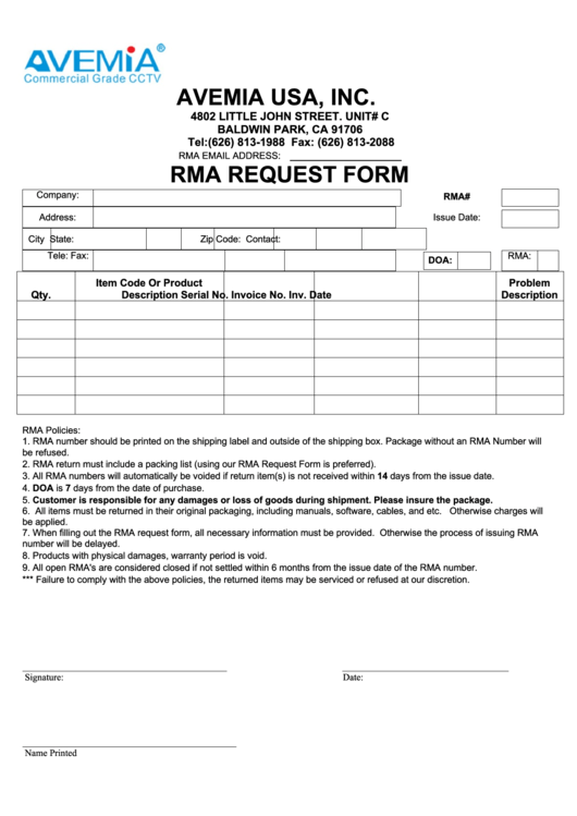Fillable Avemia Usa Rma Request Form Printable pdf