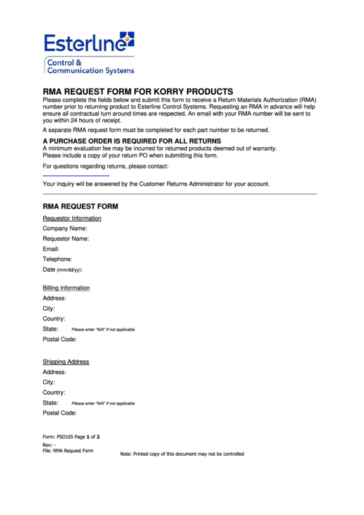Fillable Rma Request Form For Korry Products - Esterline Printable pdf