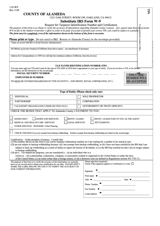 County Of Alameda Substitute Irs Form W-9 - Request For Taxpayer Identification Number And Certification - 2009 Printable pdf