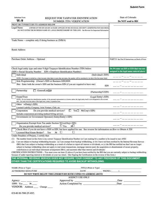 Fillable State Of Colorado Substitute Form W-9 - Request For Taxpayer Identification Number (Tin) Verification - 1997 Printable pdf