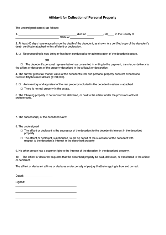 Fillable Acknowledgment Form - Affidavit For Collection Of Personal Property - State Of California Printable pdf