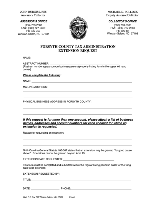Fillable Forsyth County Tax Administration Extension Request Printable pdf