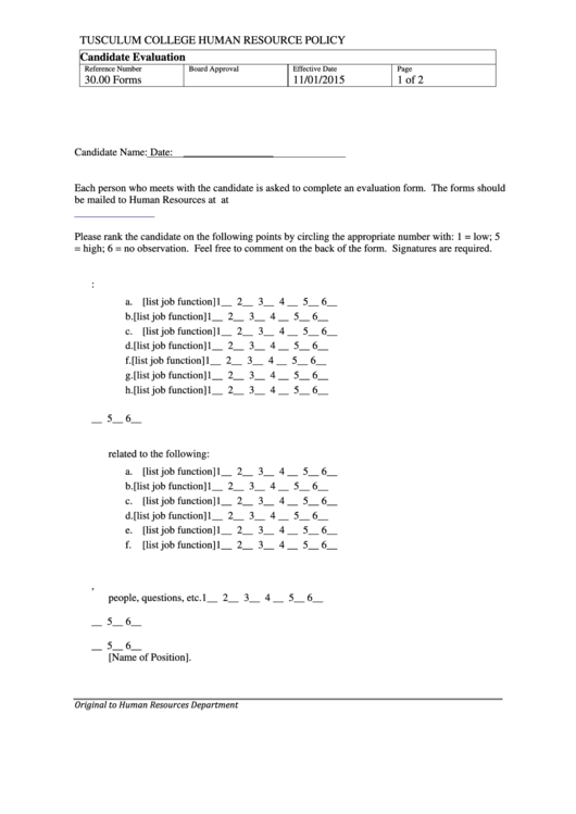 Candidate Evaluation Form - Tusculum College Printable pdf