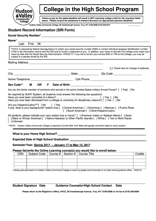 Registration Form Hudson Valley Community College Printable pdf