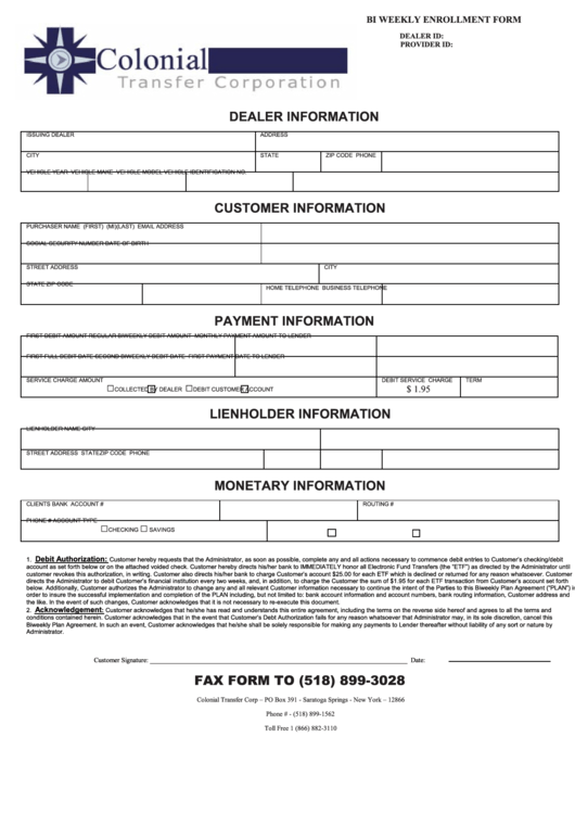 Enrollment Form Colonial Transfer Corporation Printable pdf