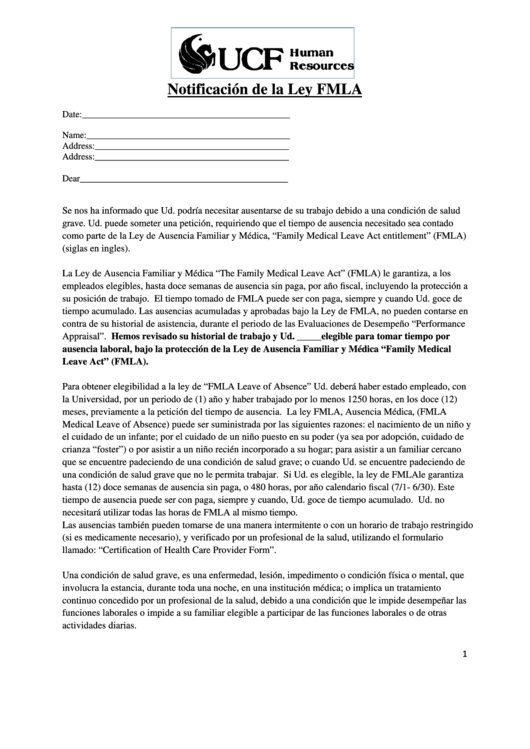Notificacion De La Ley Fmla (Ucf Human Resources) Printable pdf