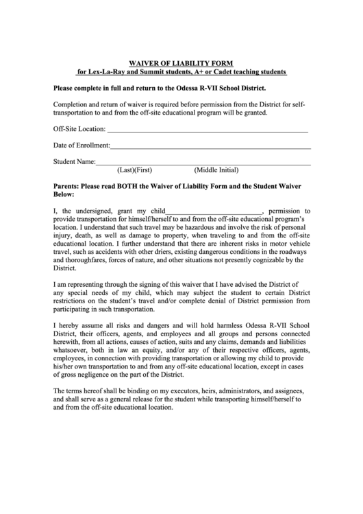 Waiver Of Liability Form For Lexlaray And Summit Students Printable pdf