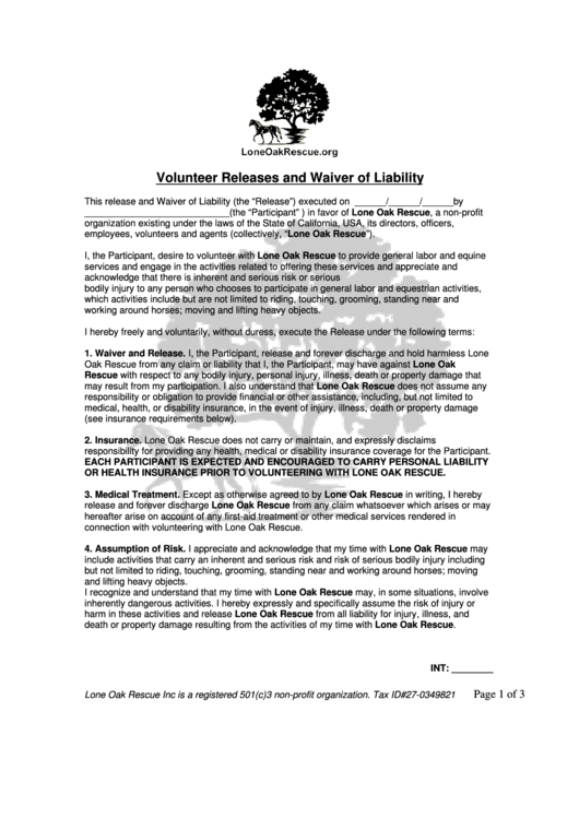 Volunteer Releases And Waiver Of Liability - Lone Oak Rescue Printable pdf