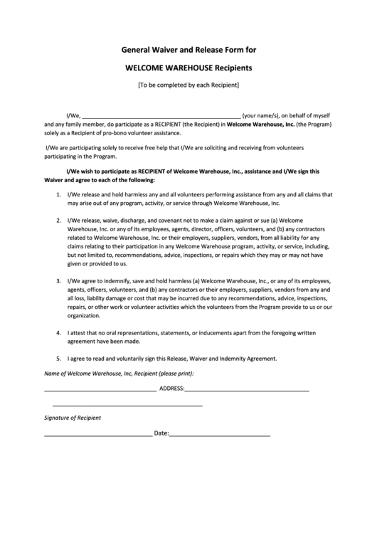 Welcome Warehouse Recipients General Waiver Printable pdf