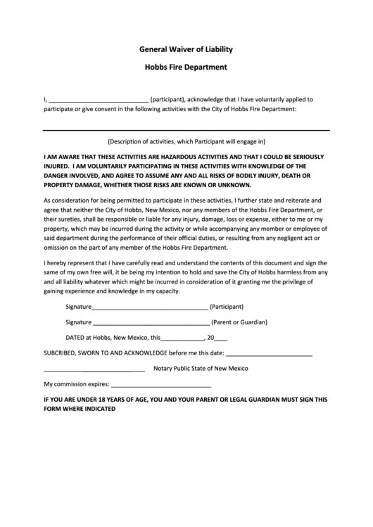 General Waiver Of Liability Hobbs Fire Department Printable pdf