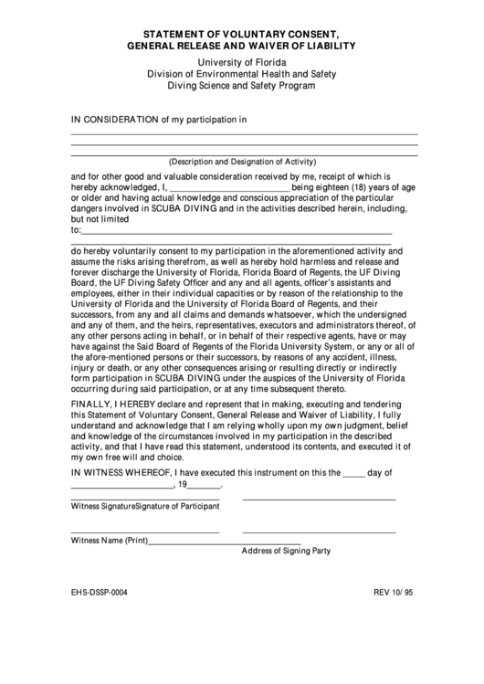 Statement Of Voluntary Consent General Release And Waiver Of Liability