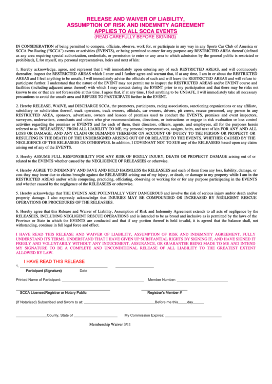 Release Form And Waiver Of Liability Assumption Of Risk Printable pdf