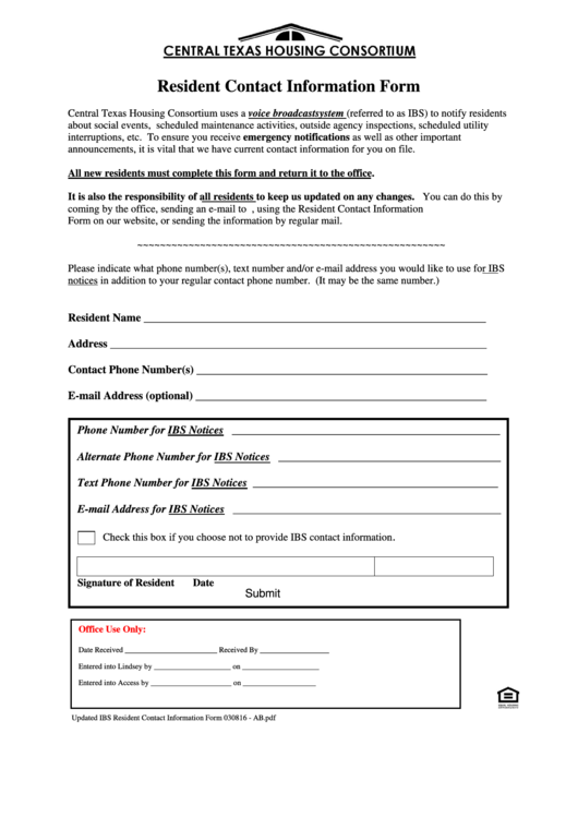 Fillable Resident Contact Information Form - Central Texas Housing Consortium Printable pdf