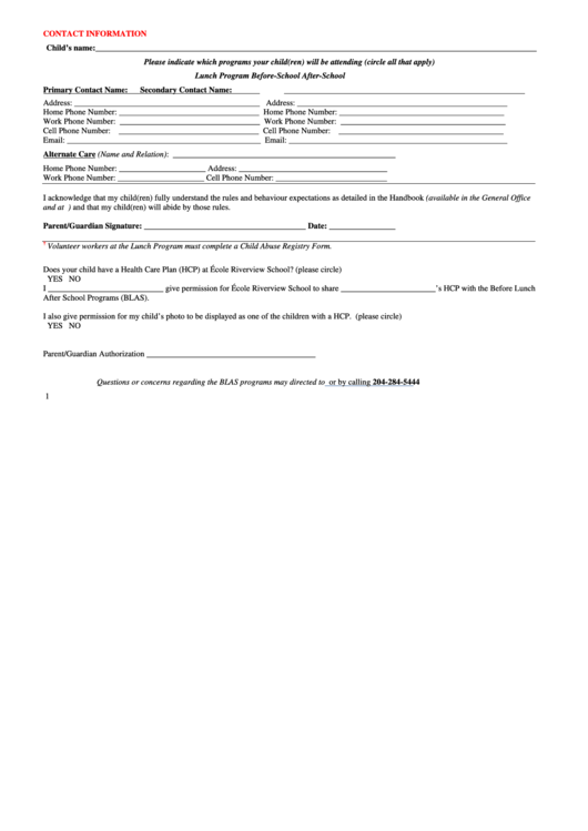 Contact Information Form Winnipeg School Division Printable pdf