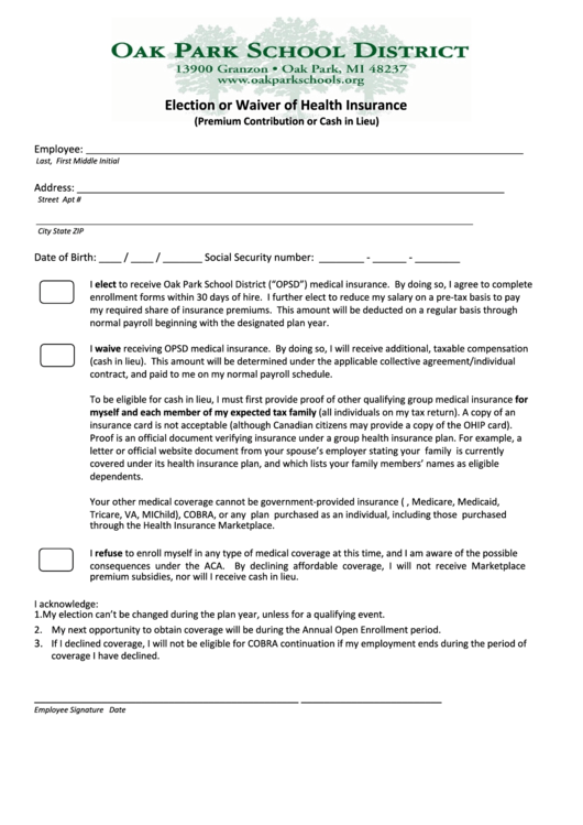 Waiver Of Health Insurance And Cash In Lieu Election Form Printable pdf