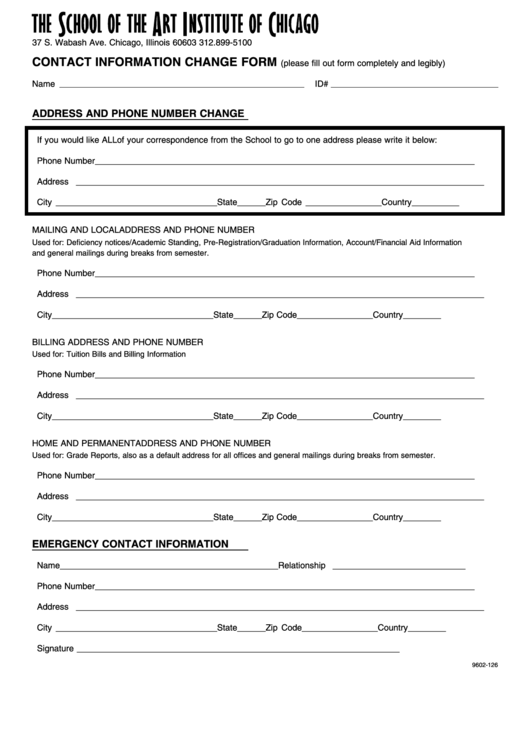 Change Of Contact Information Form Printable pdf