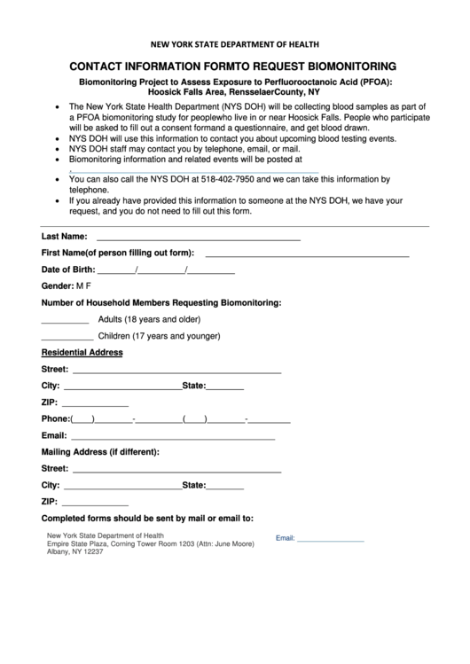Hoosick Falls Biomonitoring Contact Information Form Printable pdf