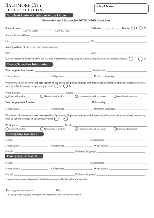 Student Contact Information Form - Baltimore City Public Schools Printable pdf